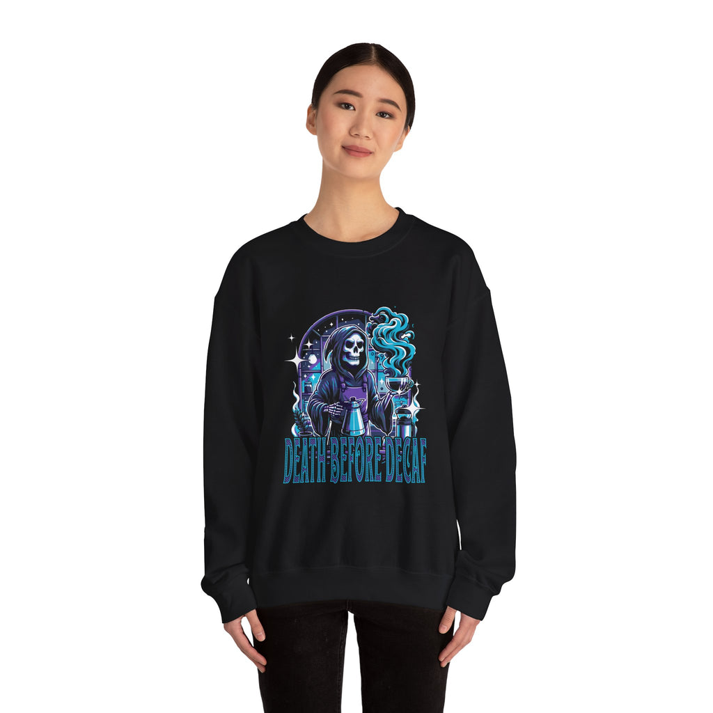 Grim Reaper Sweatshirt - Death Before Decaf - Skeleton Barista Sweater - Barista Halloween Sweatshirt - Coffee Lover Gift