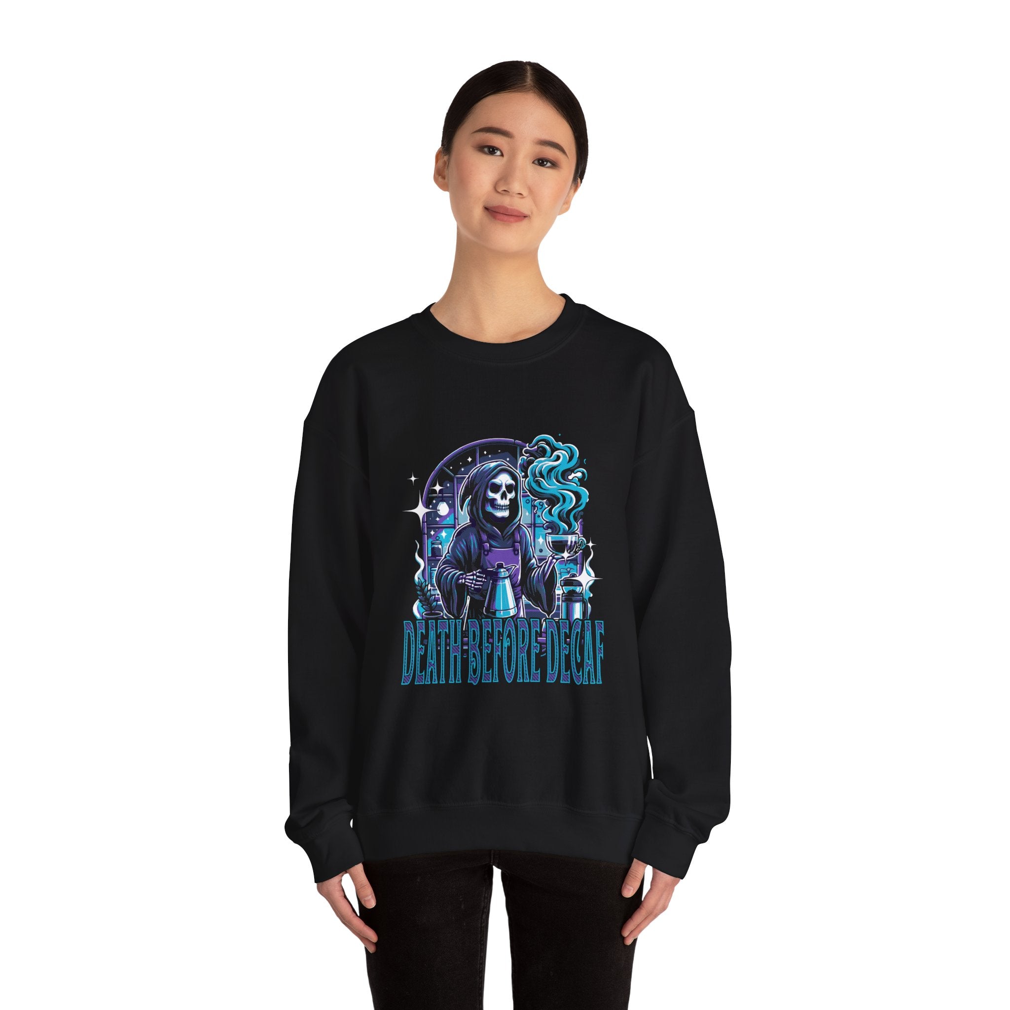 Grim Reaper Sweatshirt - Death Before Decaf - Skeleton Barista Sweater - Barista Halloween Sweatshirt - Coffee Lover Gift