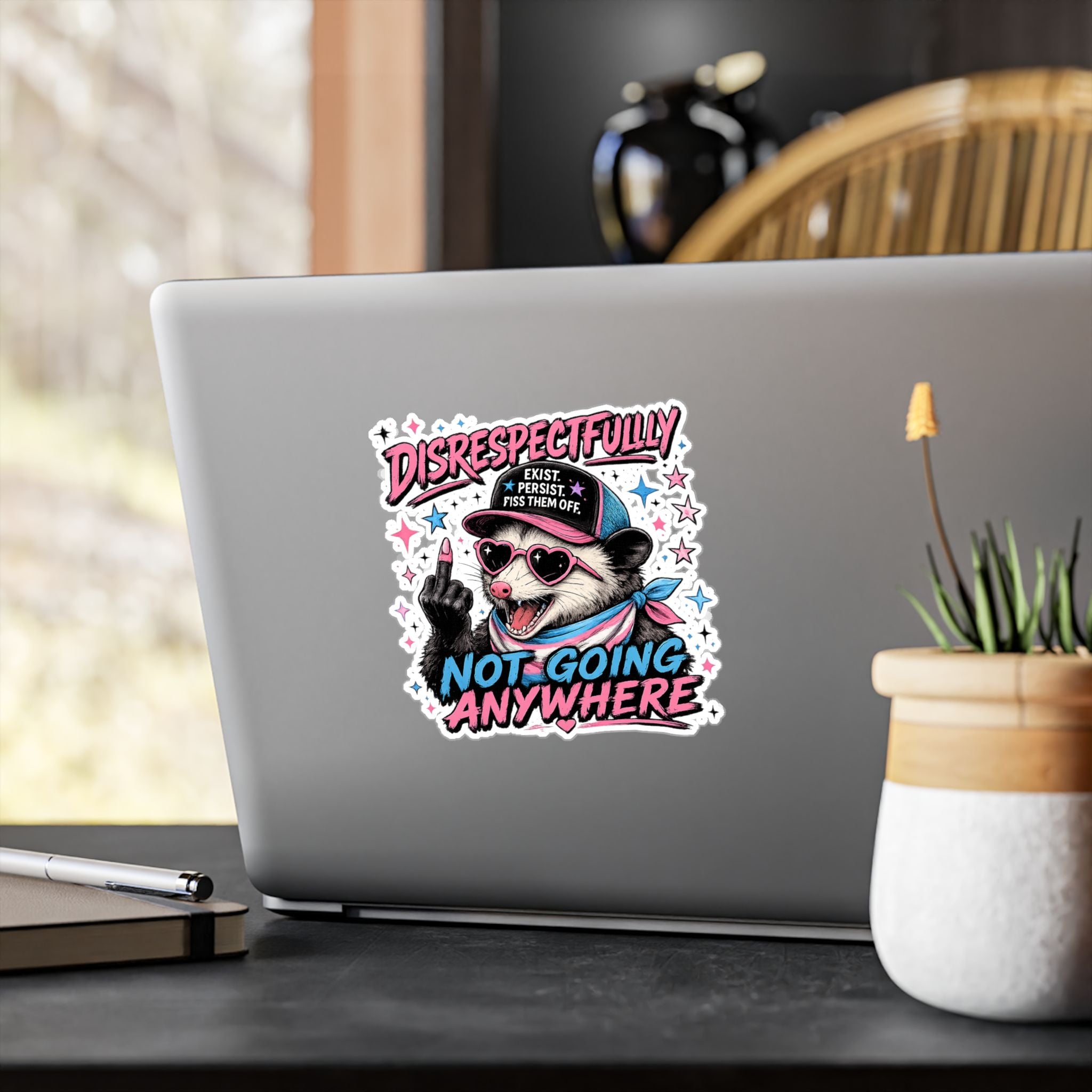 Trans Pride Sticker, Disrespectfully Not Going Anywhere Decal, Funny Opossum Sticker, LGBTQ Vinyl Decal, Trans Rights Gift