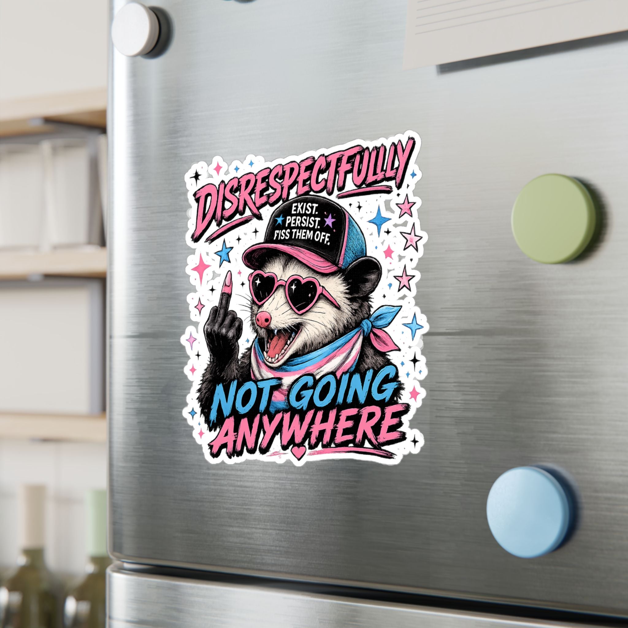 Trans Pride Sticker, Disrespectfully Not Going Anywhere Decal, Funny Opossum Sticker, LGBTQ Vinyl Decal, Trans Rights Gift