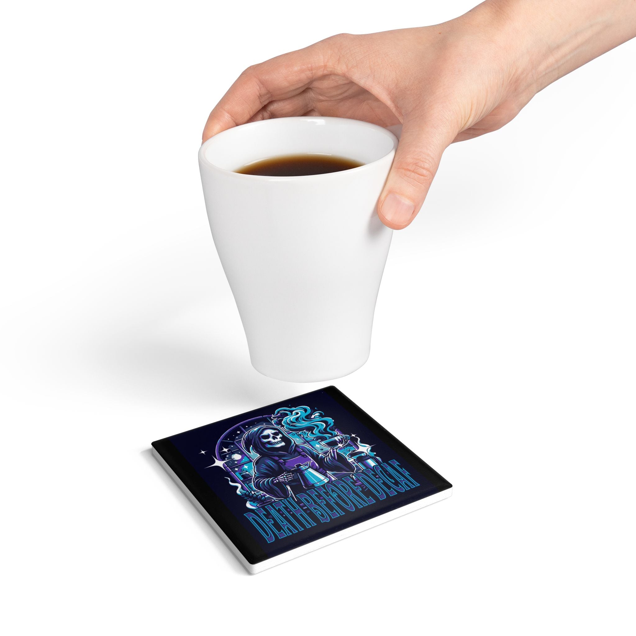Grim Reaper Halloween Coaster - Death Before Decaf - Horror Party Supplies - Halloween Party  - Gothic Home Decor