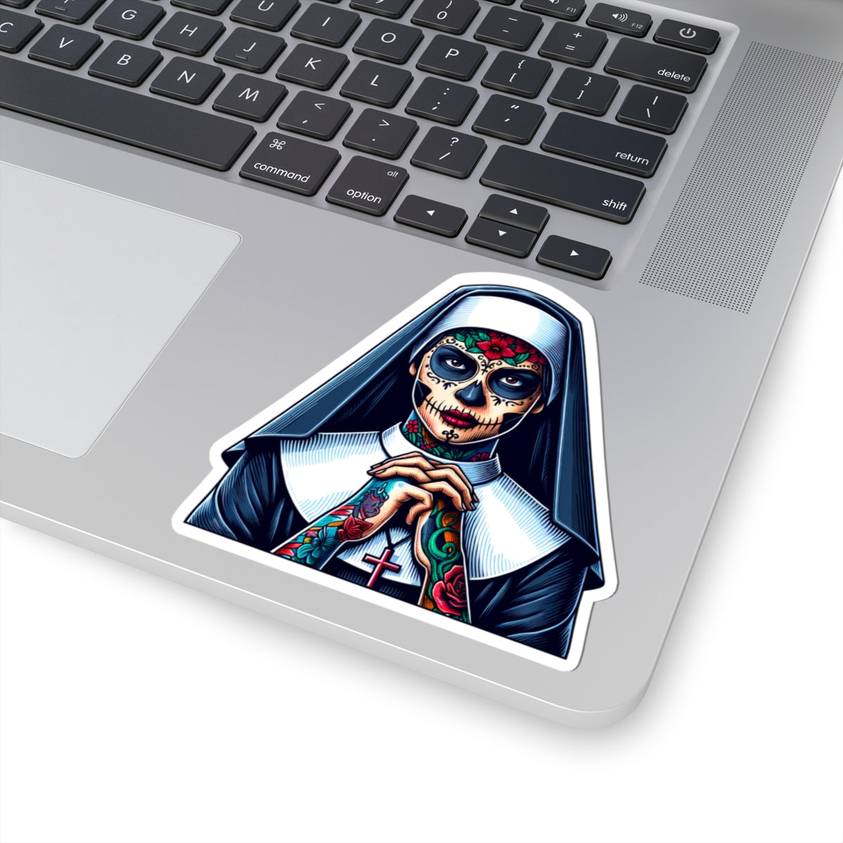 Day Of The Dead Sugar Skull Nun Sticker - Dia de los Muertos Nun - Halloween Sugar Skull Sticker - Tattooed Nun - Goth Sticker