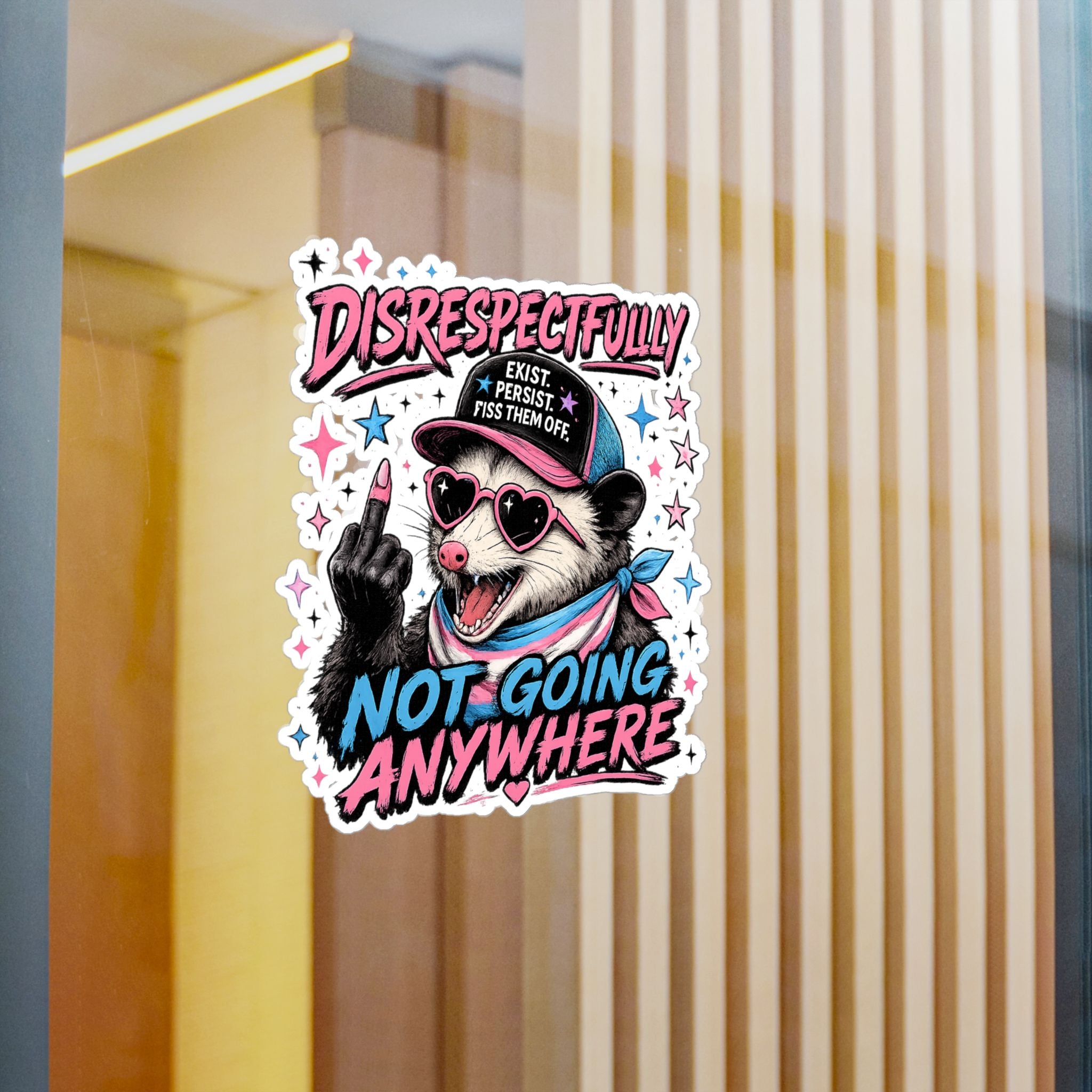 Trans Pride Sticker, Disrespectfully Not Going Anywhere Decal, Funny Opossum Sticker, LGBTQ Vinyl Decal, Trans Rights Gift