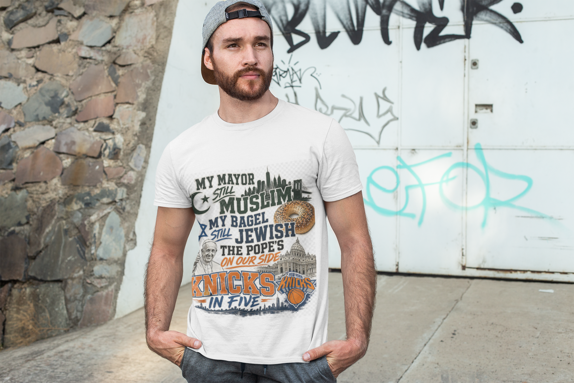 My Mayor Still Muslim My Bagel Still Jewish The Pope's On Our Side Knicks In Five Shirt, NYC Culture Graphic Tee