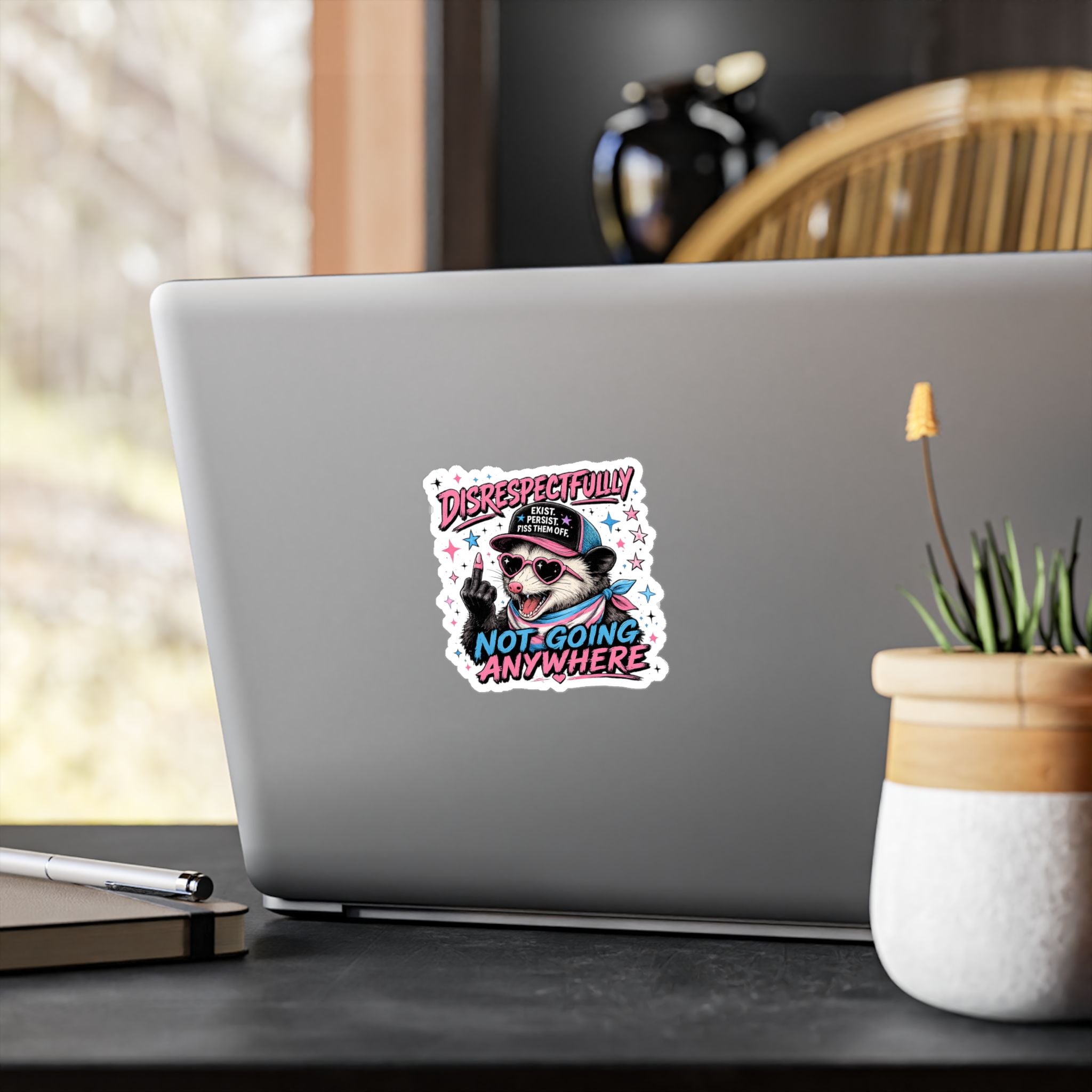 Trans Pride Sticker, Disrespectfully Not Going Anywhere Decal, Funny Opossum Sticker, LGBTQ Vinyl Decal, Trans Rights Gift