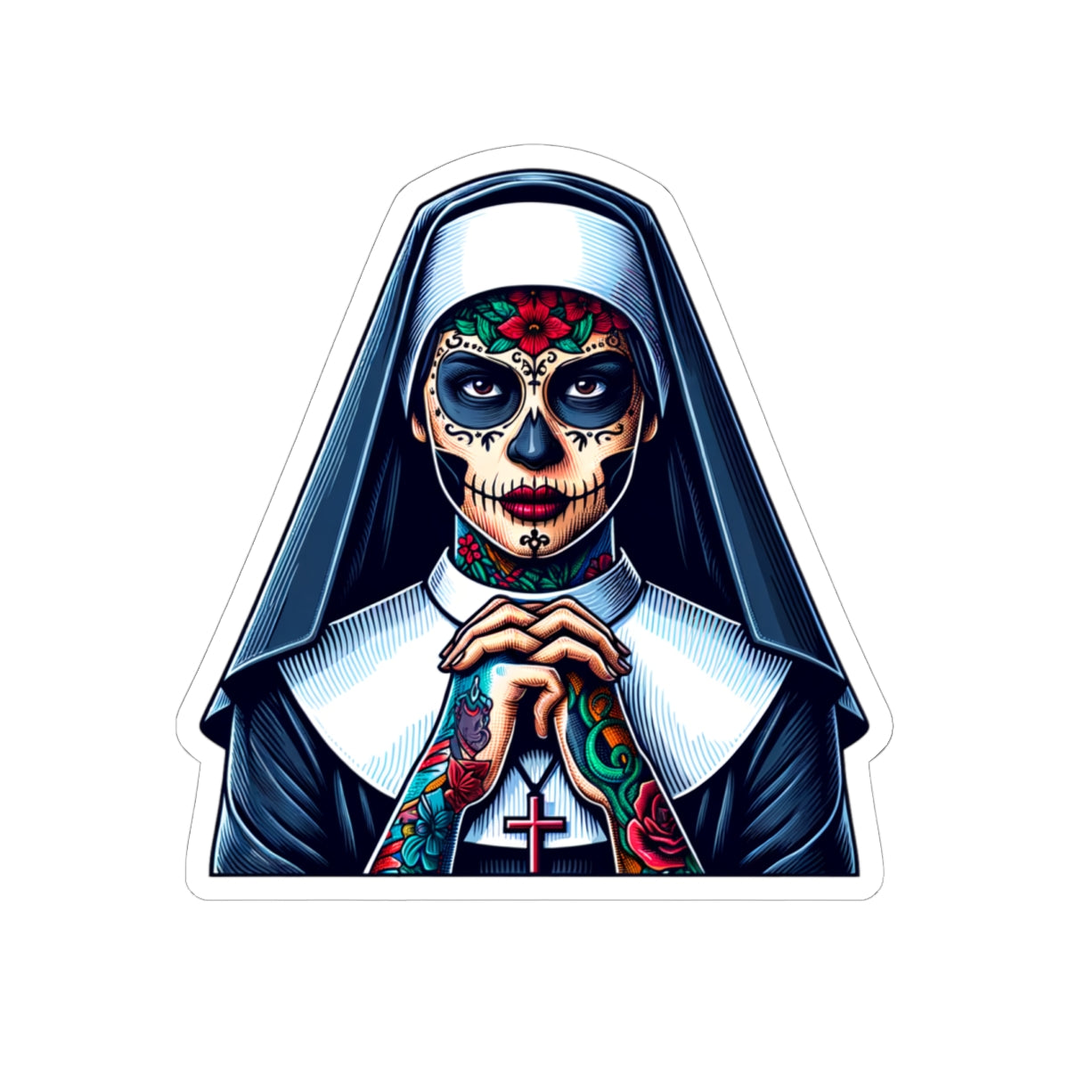 Day Of The Dead Sugar Skull Nun Sticker - Dia de los Muertos Nun - Halloween Sugar Skull Sticker - Tattooed Nun - Goth Sticker