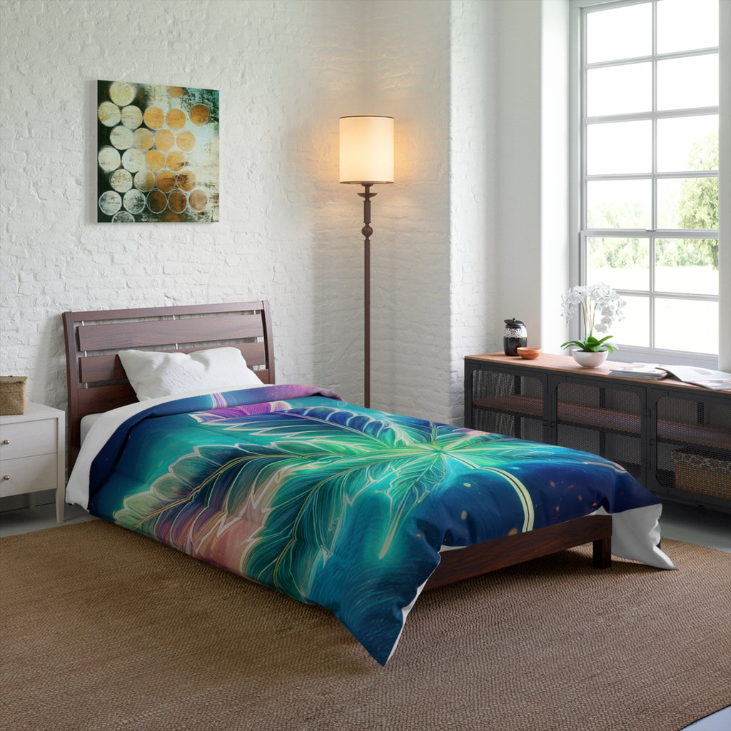 Outer Space Comforter - Weed Leaf Bedding - Stoner Gift - Space Duvet - 420 Decor - Housewarming Gift - Dorm Bedding - Galaxy Themed