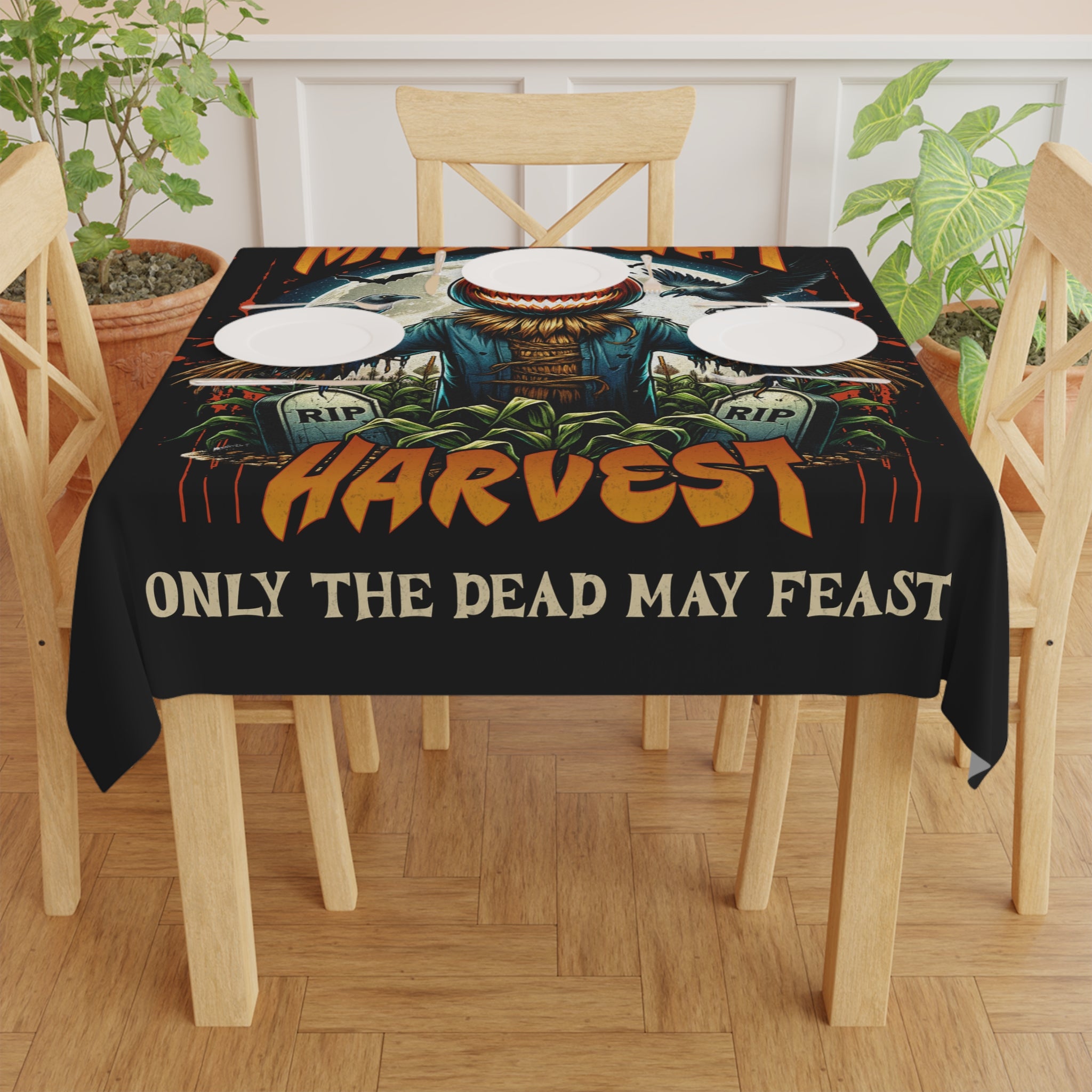 Horror Party Decor Scarecrow Table Cloth - Only The Dead May Feast - Halloween Table Cloth - Scary Pumpkin Head