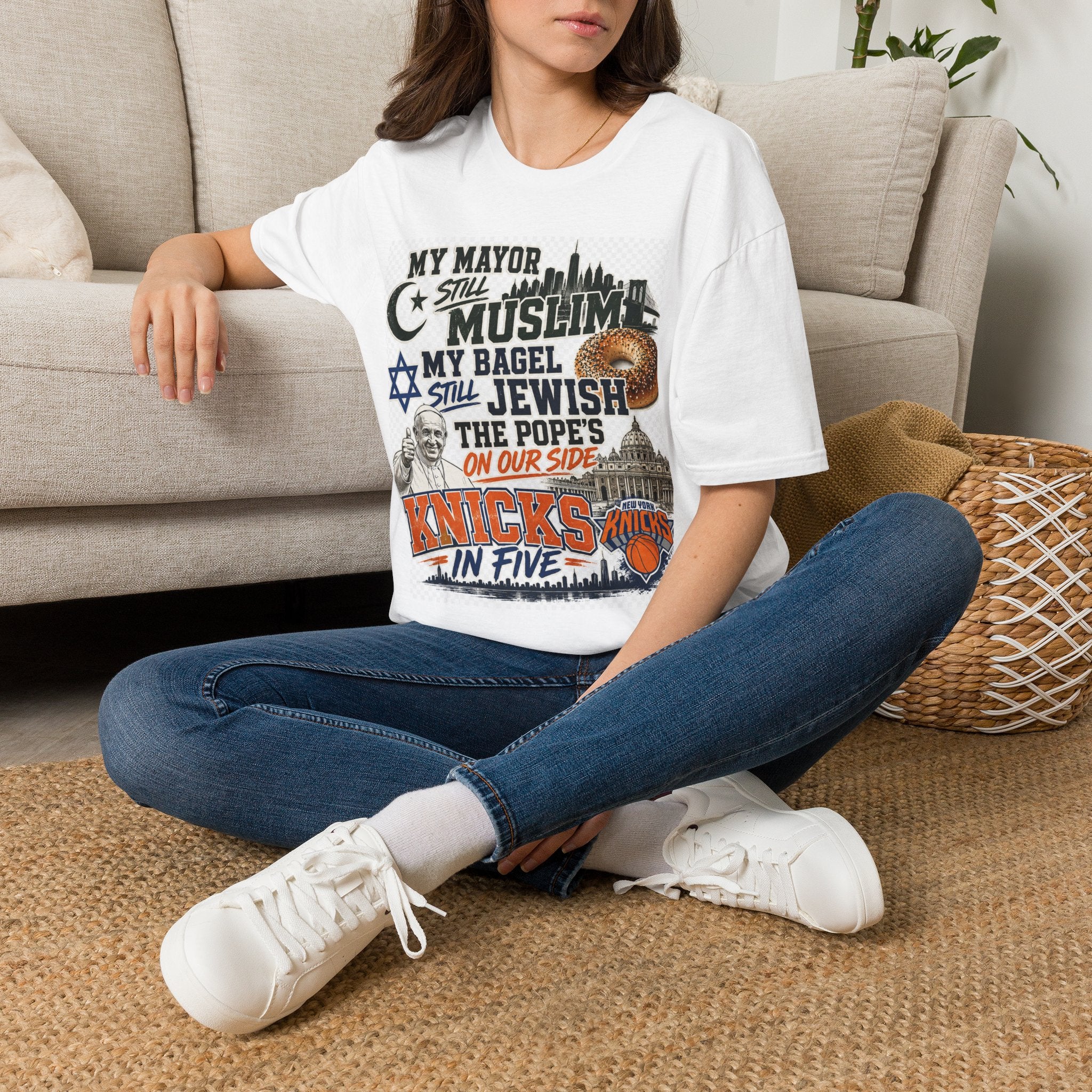 My Mayor Still Muslim My Bagel Still Jewish The Pope's On Our Side Knicks In Five Shirt, NYC Culture Graphic Tee