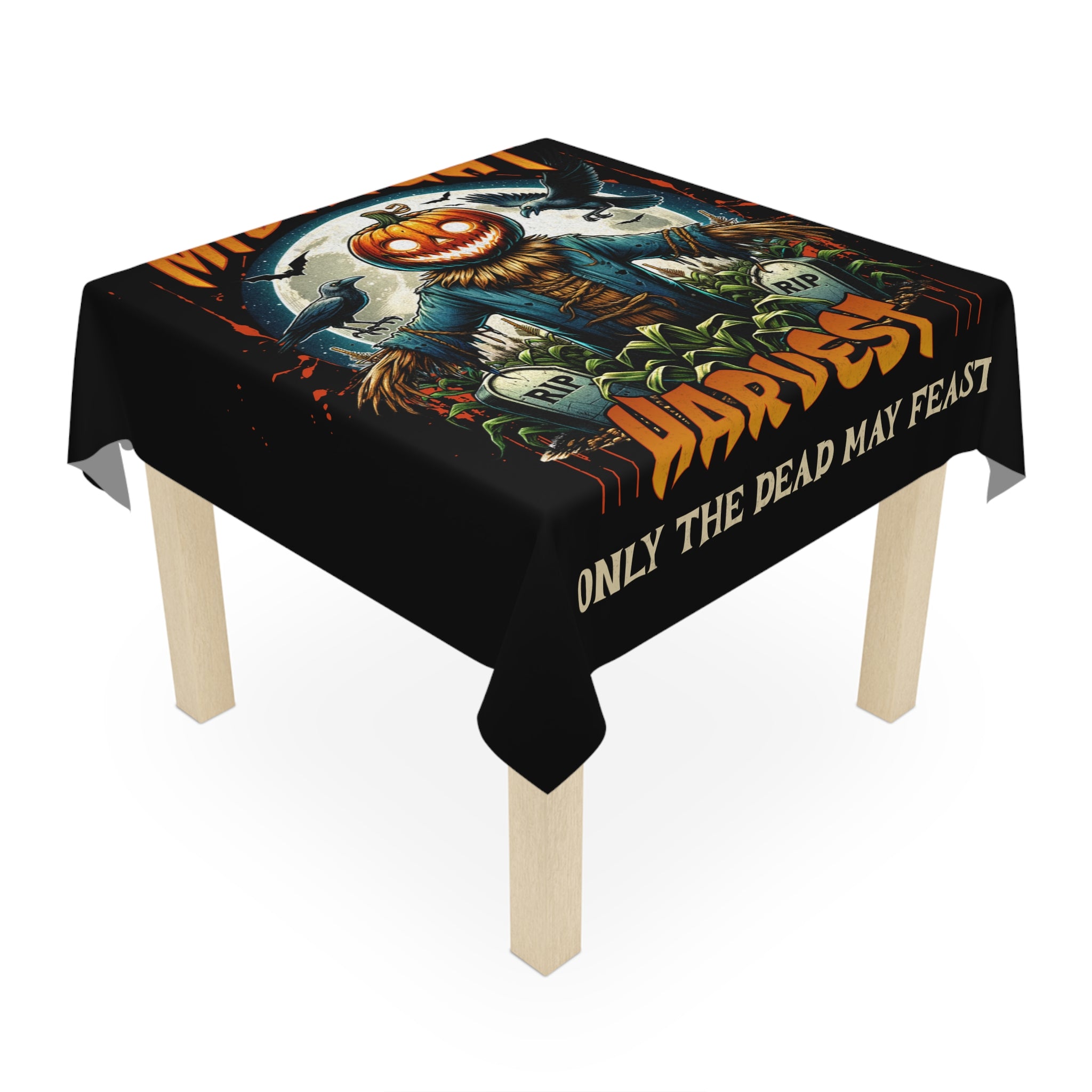 Horror Party Decor Scarecrow Table Cloth - Only The Dead May Feast - Halloween Table Cloth - Scary Pumpkin Head